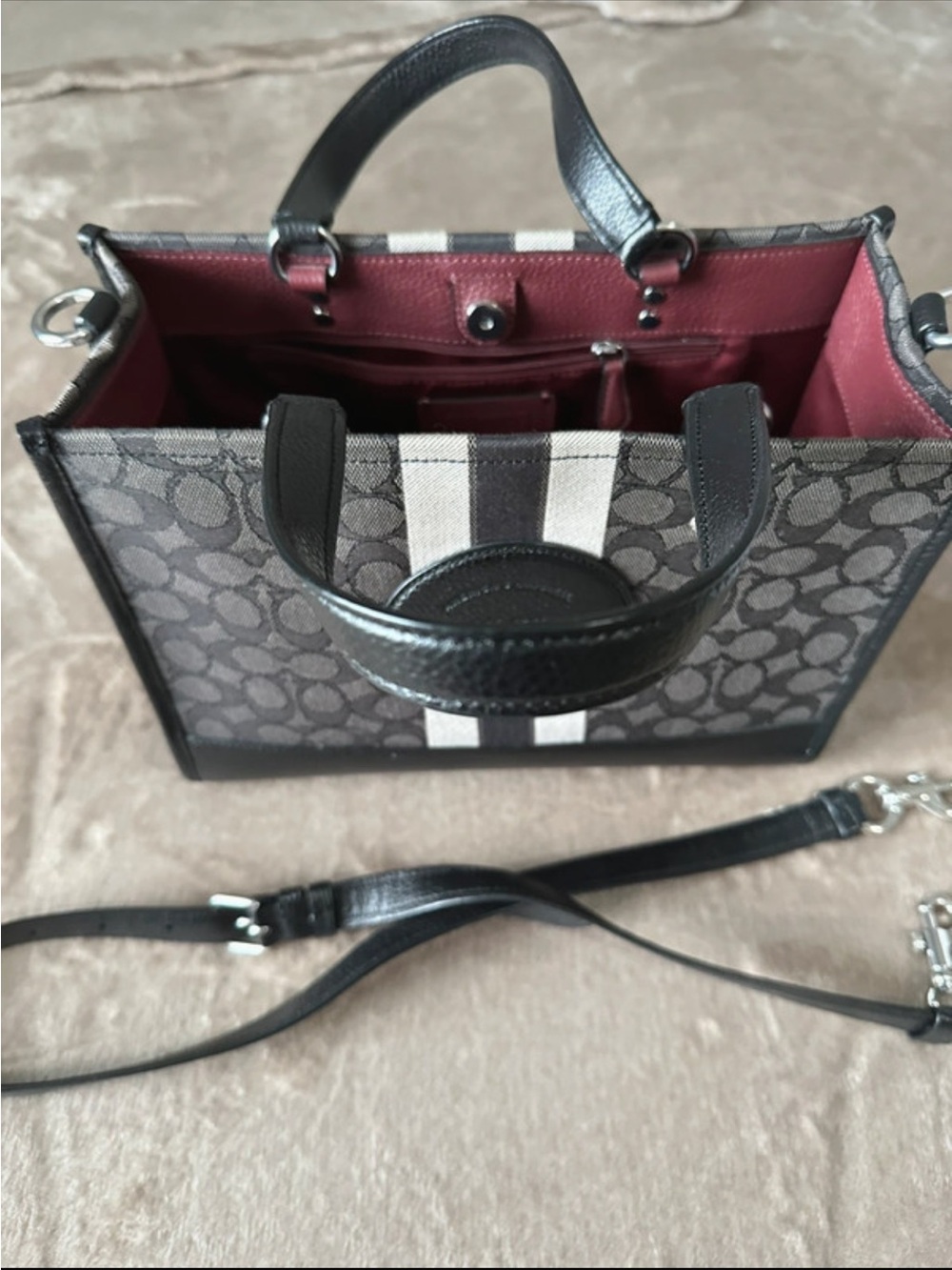 Coach Monogram Stripe Satchel in Charcoal, Cream & Burgundy